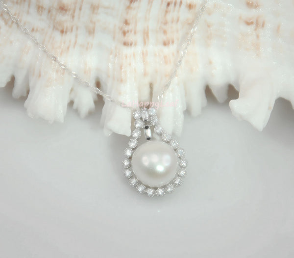 11-13mm Freshwater Pearl in Diamonique 925 sterling silver pendant Necklace 18"