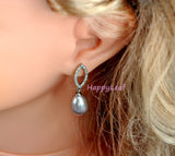 11-12mm Freshwater pearl dangle drop Earrings Sterling Silver CZ bridal white