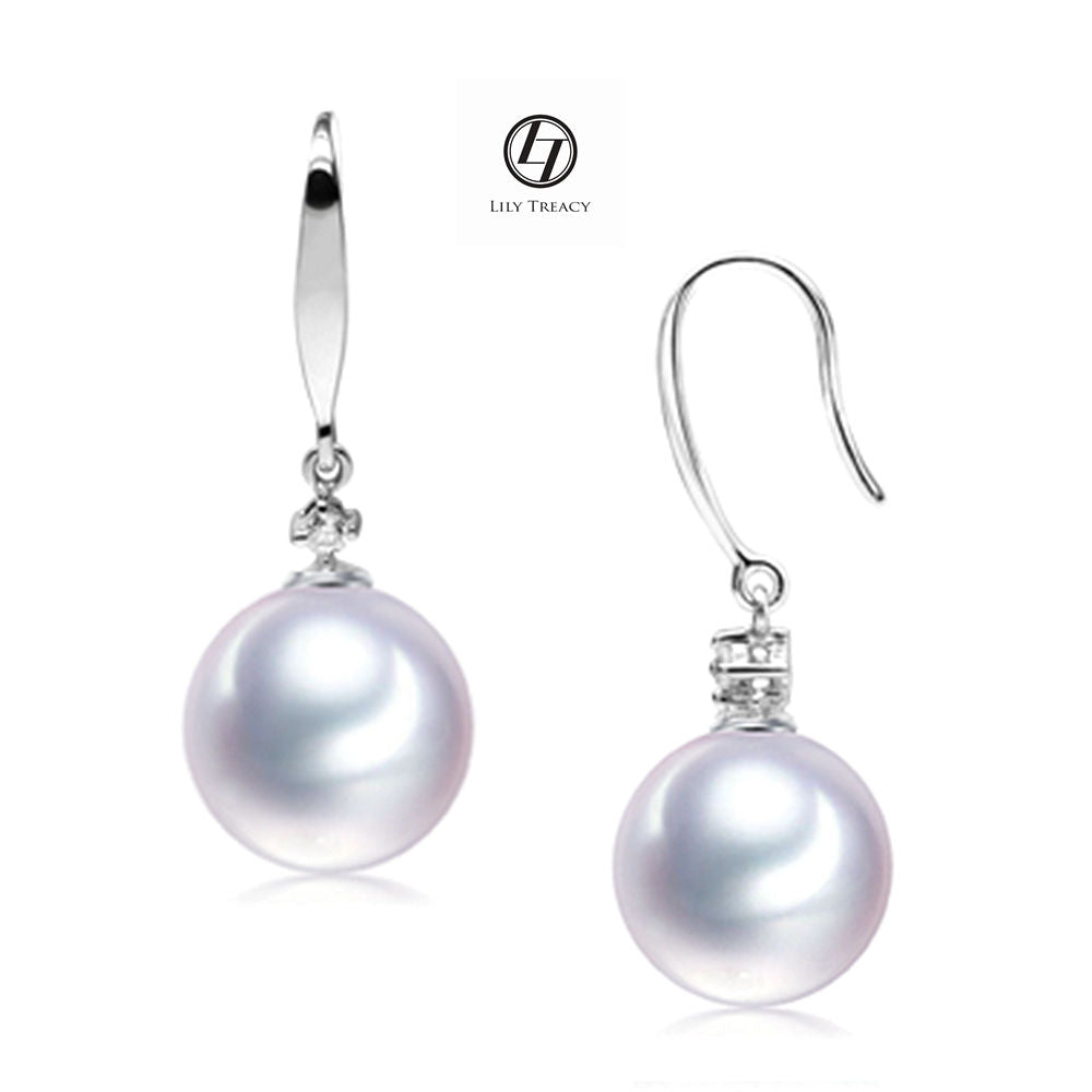 LilyTreacy 7.5-8mm Akoya Pearl Drop Earrings 14K Solid Gold & Diamond Adriana white bridal
