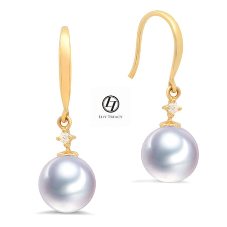 Akoya Pearl Drop Dangle Hook Earrings 18K Solid Gold white bridal 7.5-8, 8-8.5, 8.5-9, 9-9.5, 9.5-10mm by Lily Treacy