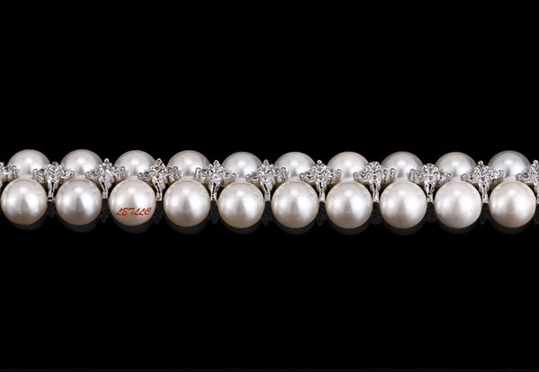 LilyTreacy Pearl Bracelet double row Quality 8mm Shell Pearl & Top CZ white 7.5"