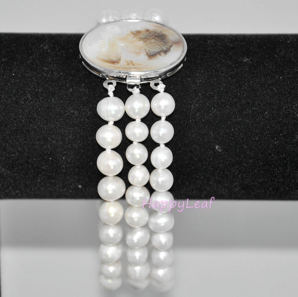 7-8mm Freshwater Pearl 3 Row Bracelet with Mother of Pearl Victorian Cameo