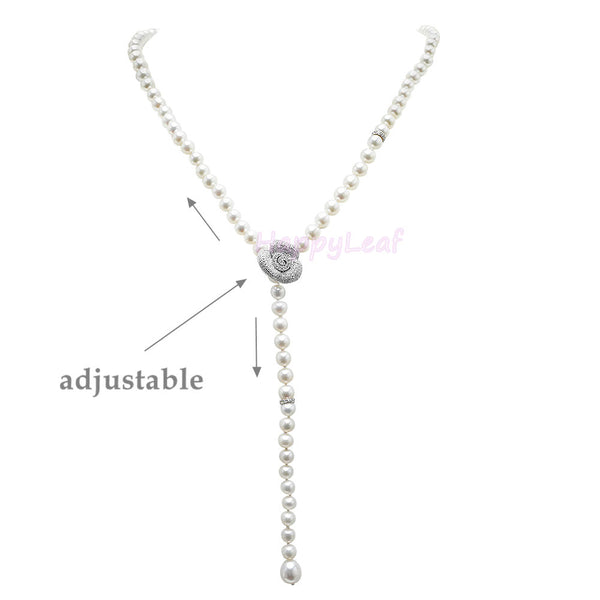 LilyTreacy Adjustable White Freshwater Pearl Necklace w/ CZ Rose Connector 30"