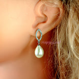 11-12mm Freshwater pearl dangle drop Earrings Sterling Silver CZ bridal white