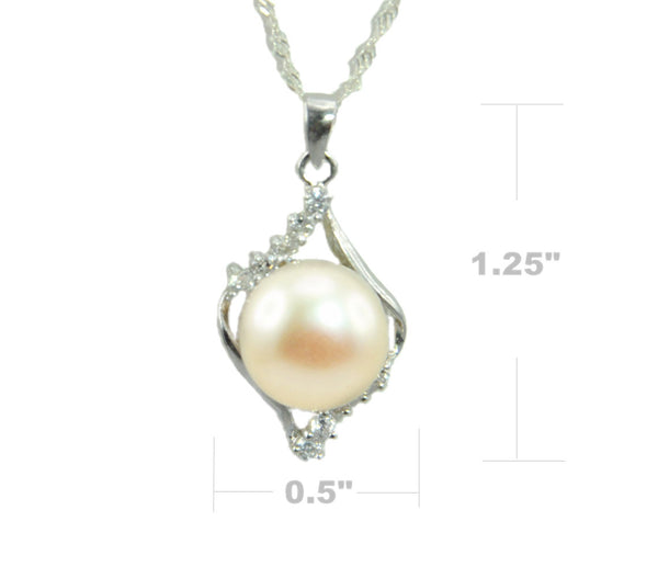 11mm white Freshwater Pearl Sterling Silver CZ Pendant Necklace Chain 18" Bridal