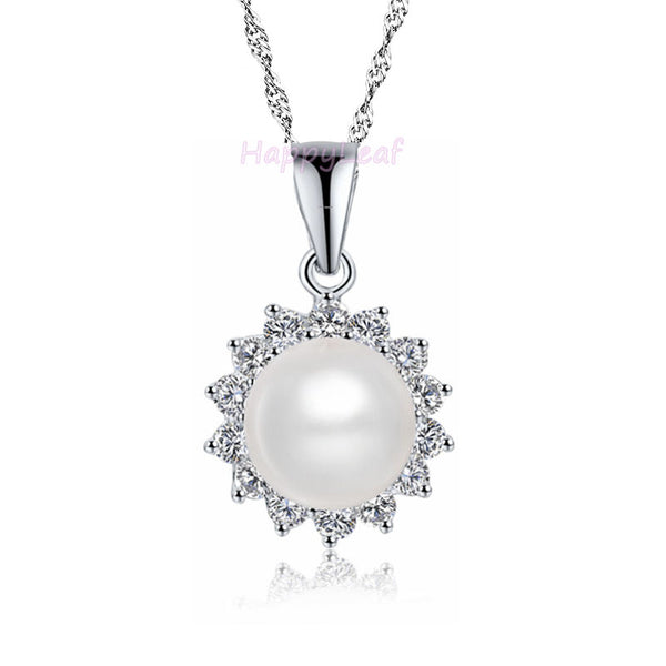 10-11mm white Freshwater Pearl Sterling Silver Russian CZ Pendant Necklace 18"