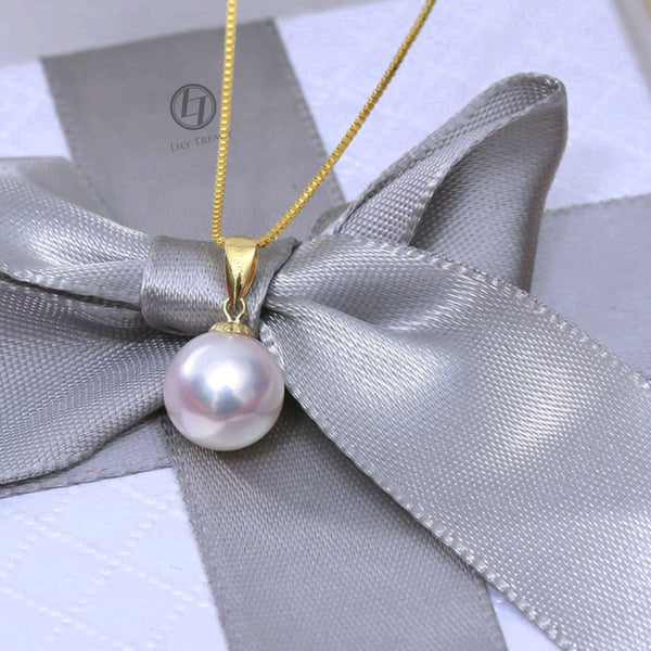 Japanese Akoya Pearl Pendant necklace white 18K Solid Yellow Gold clasp 7-10mm Bridal June Birthstone