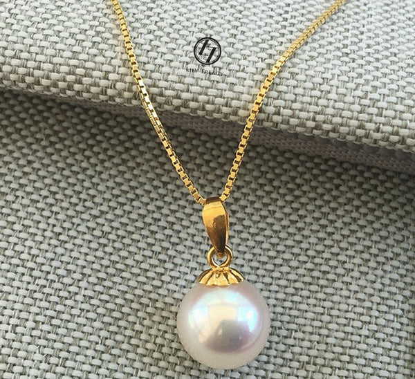 Japanese Akoya Pearl Pendant necklace white 18K Solid Yellow Gold clasp 7-10mm Bridal June Birthstone