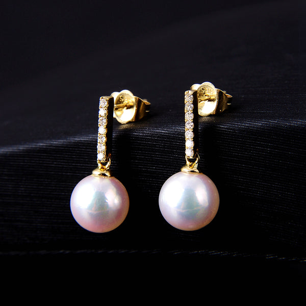 Lily Treacy 7.5-8mm akoya Pearl dangle earrings 14K Gold and Diamond Celine Earrings