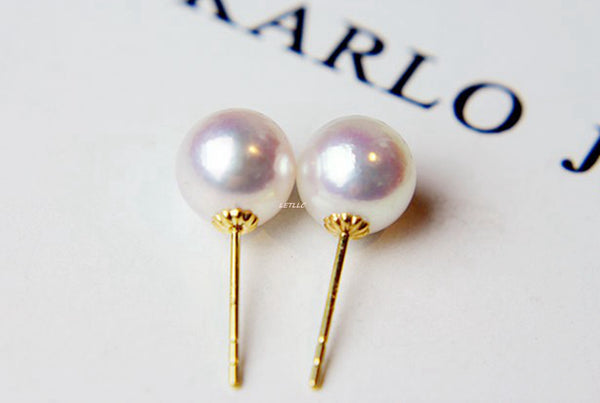 Lily Treacy White Japan Akoya Saltwater Pearl 18K Solid Yellow Gold Stud Earrings 5.5-6mm; 7-7.5mm