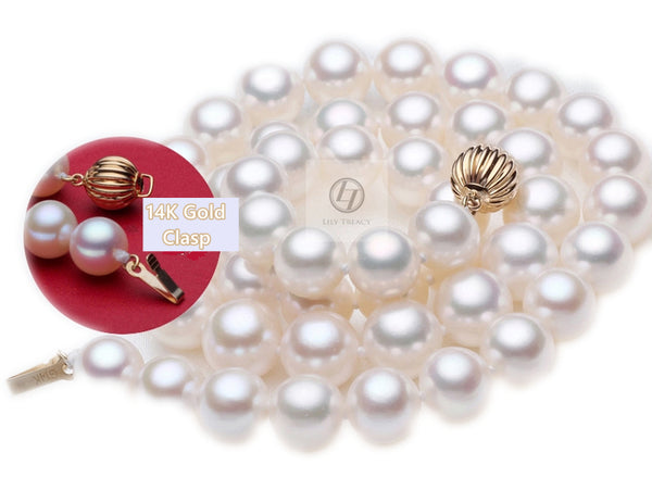 Lily Treacy 11-12mm Top Quality white Freshwater pearl necklace strand with 14K solid gold clasp 18″