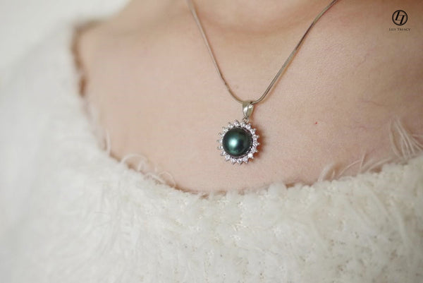 10-11mm white Freshwater Pearl Sterling Silver Russian CZ Pendant Necklace 18"