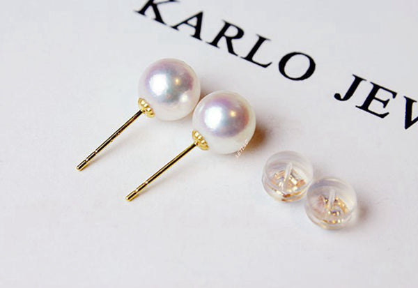 Lily Treacy White Japan Akoya Saltwater Pearl 18K Solid Yellow Gold Stud Earrings 5.5-6mm; 7-7.5mm