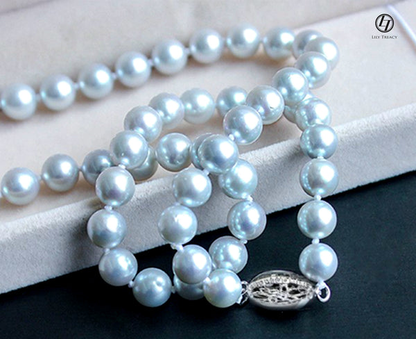 Japanese Akoya Pearl Necklace strand Silver Matama 14K solid gold bridal wedding 18" by Lily Treacy