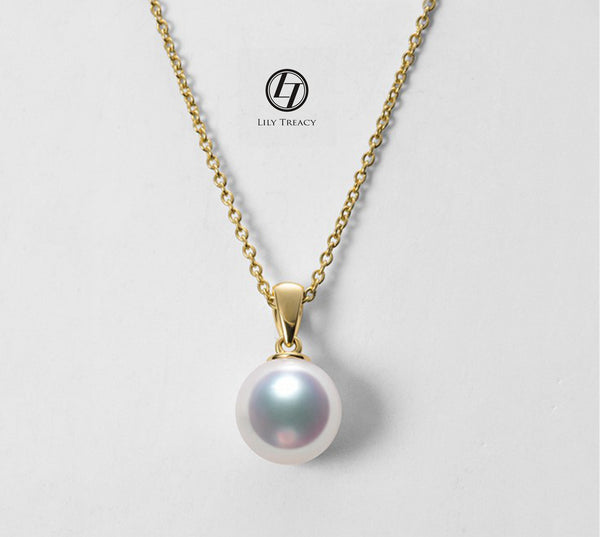 Japanese Akoya Pearl Pendant necklace white 18K Solid Yellow Gold clasp 7-10mm Bridal June Birthstone