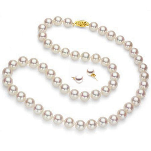 Lily Treacy Japan Akoya Pearl Necklace Earrings set 18" Earrings Solid gold Bridal Gift 7.5-8mm