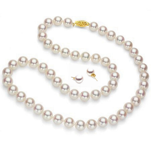 Lily Treacy Japan Akoya Pearl Necklace Earrings set 18" Earrings Solid gold Bridal Gift 7.5-8mm