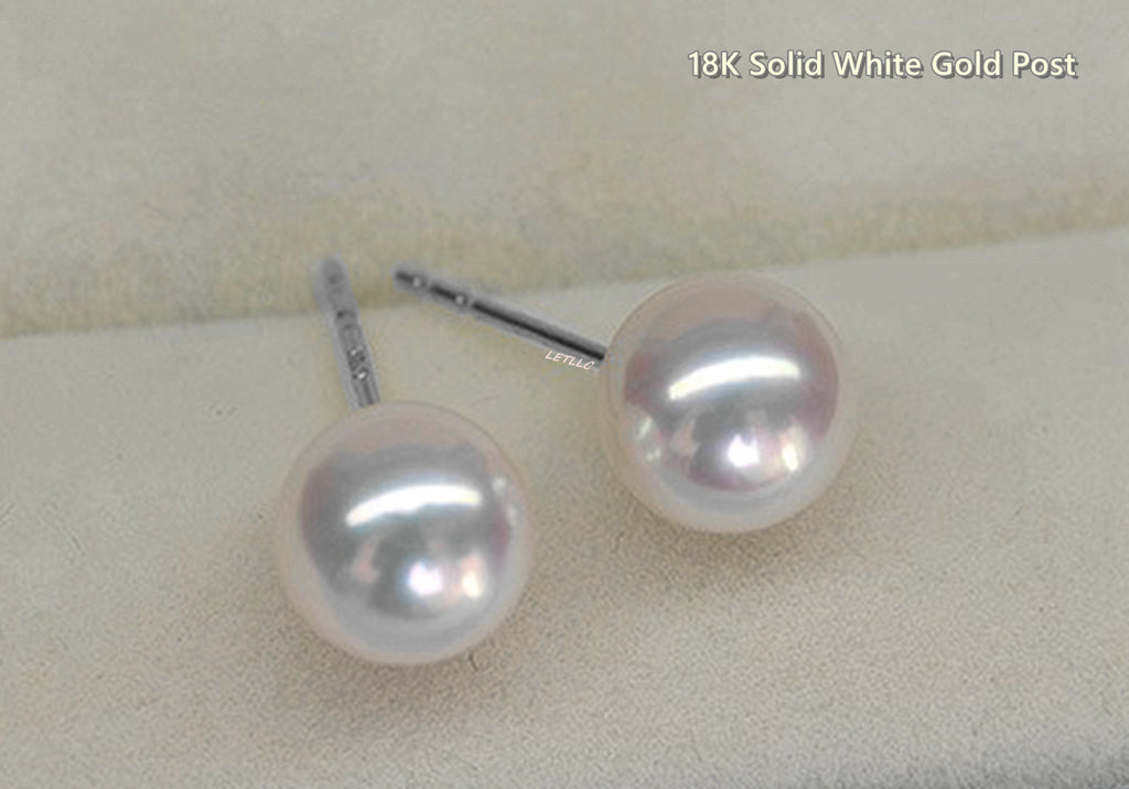 Lily Treacy Japanese Akoya Saltwater Pearl 18K Solid Yellow, White Or Rose Gold Stud Earrings 7.5-8mm Bridal June Birthstone