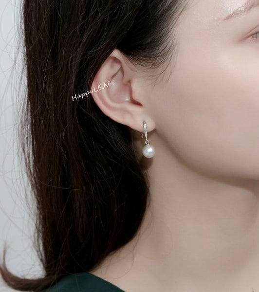 8-9mm Freshwater pearl drop dangle hoop Earrings Sterling Silver CZ bridal white by Lily Treacy