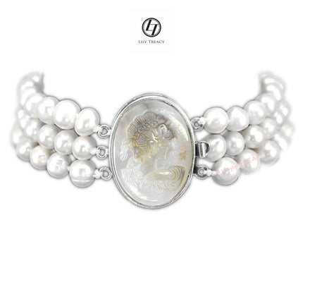 7-8mm white Freshwater Pearl 3 Row Necklace with Mother of Pearl Flower Clasp