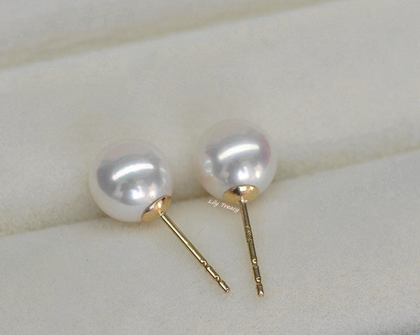 Lily Treacy Japanese Akoya Saltwater Pearl 18K Solid Yellow, White Or Rose Gold Stud Earrings 7.5-8mm Bridal June Birthstone