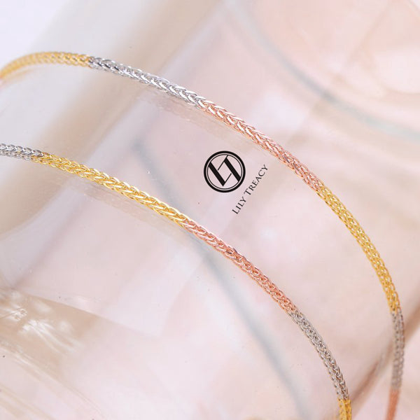 Solid 18K Tri color Yellow,White & Rose Gold 3 tone Diamond-cut chunky Adjustable Wheat Chain 20"
