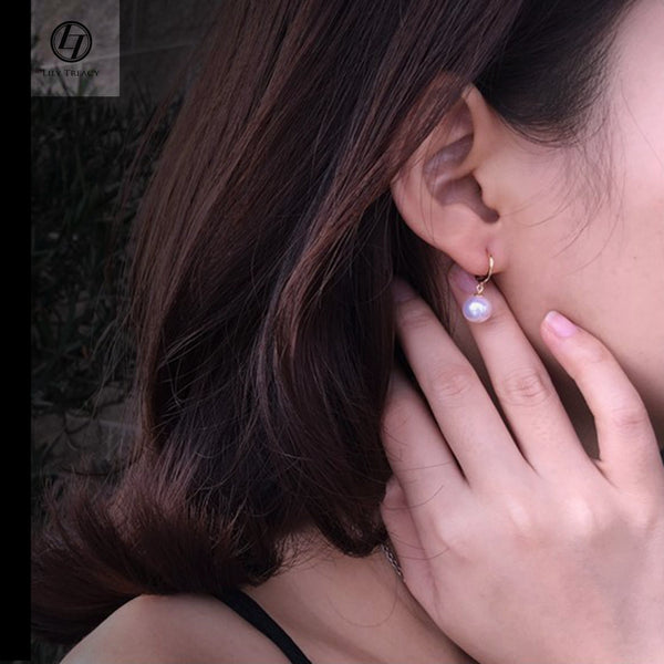 Japanese Akoya Pearl Earrings French hoop white Pearl drop dangle 18K Solid Gold bridal 7.5-8;8-8.5; 8.5-9; 9-9.5; 9.5-10mm