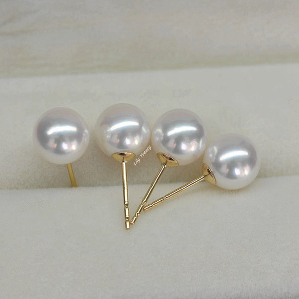 Lily Treacy Japanese Akoya Saltwater Pearl 18K Solid Yellow, White Or Rose Gold Stud Earrings 7.5-8mm Bridal June Birthstone