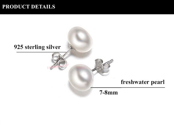 7-8mm White Freshwater Pearl Stud Earrings 925 Sterling Silver post & back bridal Gift