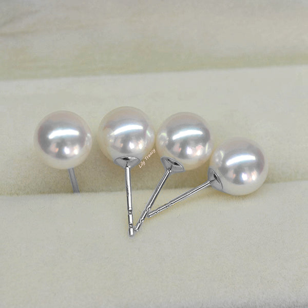 Lily Treacy Japanese Akoya Saltwater Pearl 18K Solid Yellow, White Or Rose Gold Stud Earrings 7.5-8mm Bridal June Birthstone