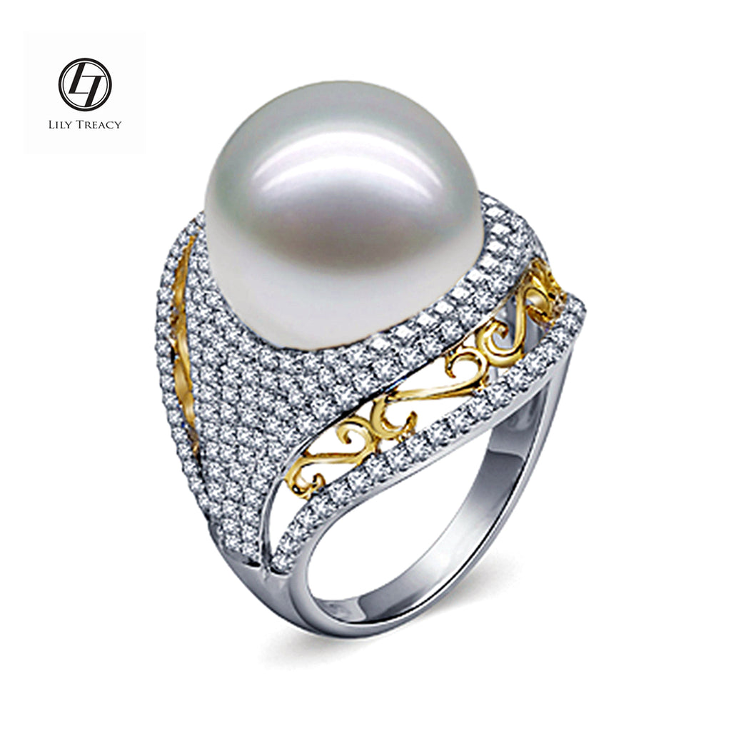 LILY TREACY 13-14MM WHITE SOUTH SEA PEARL DIAMOND CLEO RING Bridal