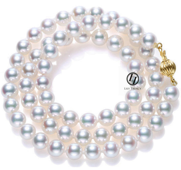 Lily Treacy Akoya Pearl Necklace strand 8-8.5mm 14K gold clasp Japanese white 18" bridal wedding