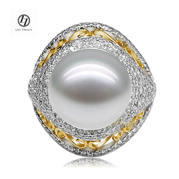 LILY TREACY 13-14MM WHITE SOUTH SEA PEARL DIAMOND CLEO RING Bridal