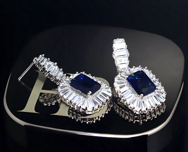 CZ Dangle Drop Earrings 5ct Simulated Sapphire in LED light box Vintage Style blue by Lily Treacy