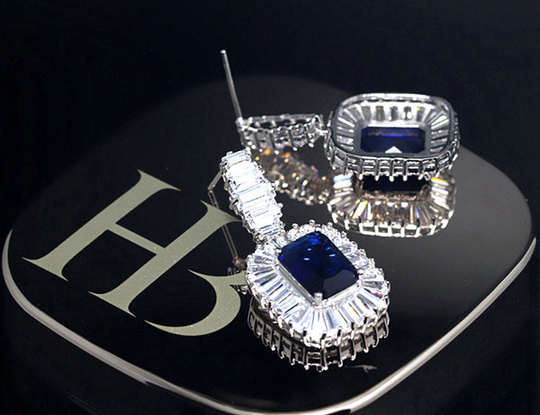 CZ Dangle Drop Earrings 5ct Simulated Sapphire in LED light box Vintage Style blue by Lily Treacy