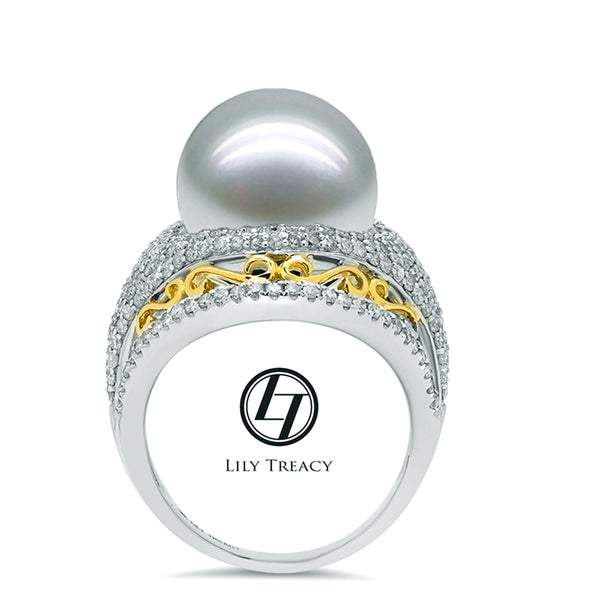LILY TREACY 13-14MM WHITE SOUTH SEA PEARL DIAMOND CLEO RING Bridal