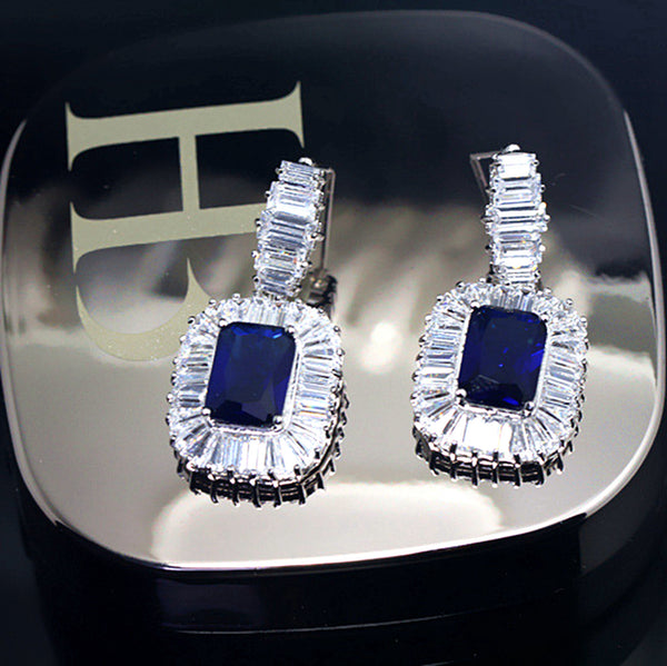 CZ Dangle Drop Earrings 5ct Simulated Sapphire in LED light box Vintage Style blue by Lily Treacy