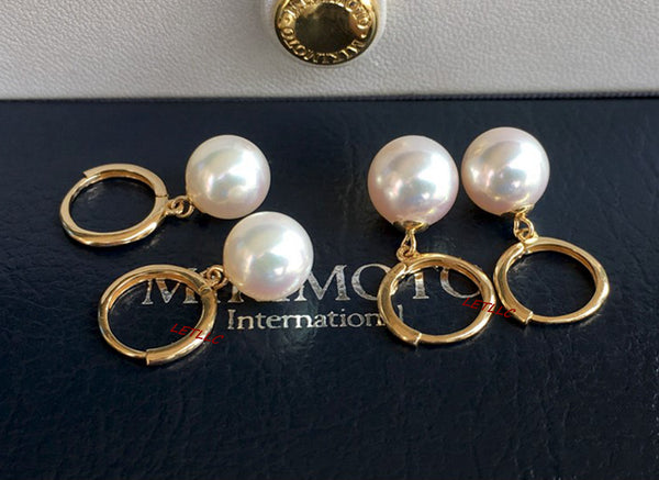 Japanese Akoya Pearl hoop white Earrings drop dangle 18K Solid Gold bridal 7.5-8;8-8.5; 8.5-9; 9-9.5; 9.5-10mm