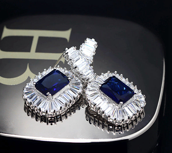 CZ Dangle Drop Earrings 5ct Simulated Sapphire in LED light box Vintage Style blue by Lily Treacy