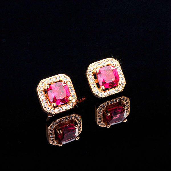 simulated ruby, emerald, sapphire, Stud Earrings 18K yellow Gold Plated 2ct princess cut halo square earrings