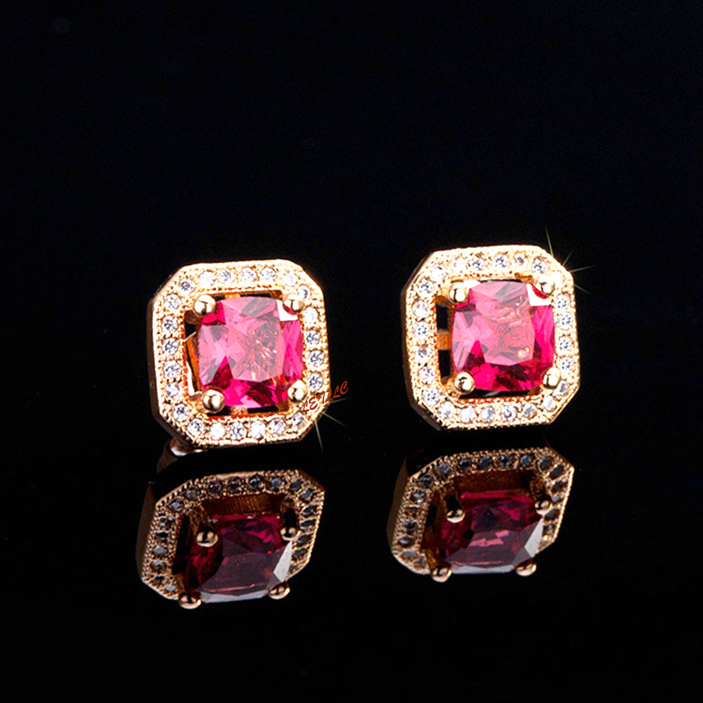 simulated ruby, emerald, sapphire, Stud Earrings 18K yellow Gold Plated 2ct princess cut halo square earrings
