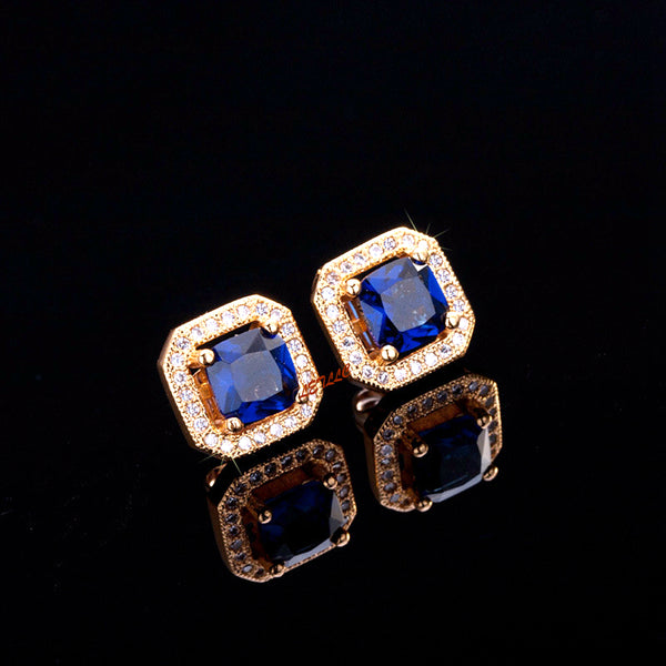 simulated ruby, emerald, sapphire, Stud Earrings 18K yellow Gold Plated 2ct princess cut halo square earrings