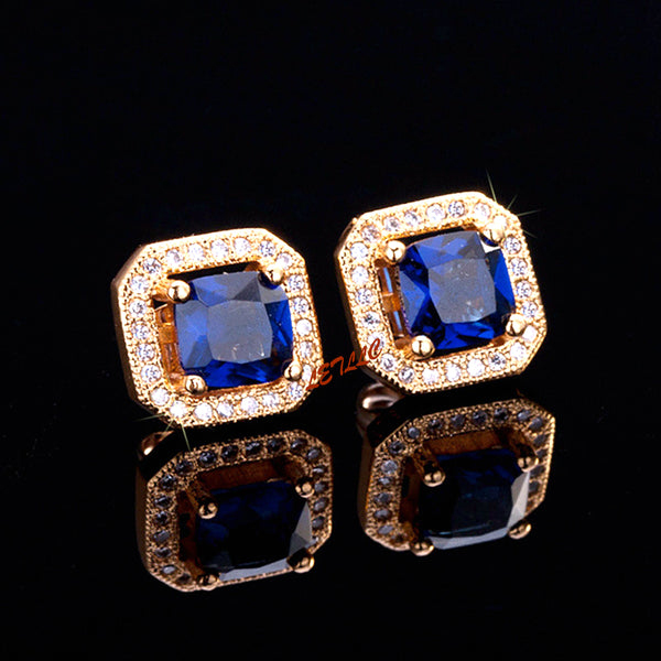 simulated ruby, emerald, sapphire, Stud Earrings 18K yellow Gold Plated 2ct princess cut halo square earrings