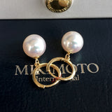 Japanese Akoya Pearl hoop white Earrings drop dangle 18K Solid Gold bridal 7.5-8;8-8.5; 8.5-9; 9-9.5; 9.5-10mm