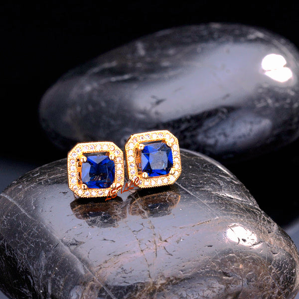 simulated ruby, emerald, sapphire, Stud Earrings 18K yellow Gold Plated 2ct princess cut halo square earrings