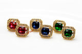 simulated ruby, emerald, sapphire, Stud Earrings 18K yellow Gold Plated 2ct princess cut halo square earrings