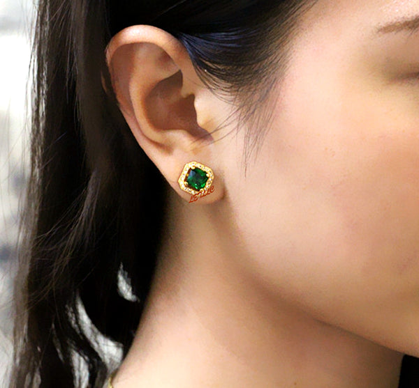 simulated ruby, emerald, sapphire, Stud Earrings 18K yellow Gold Plated 2ct princess cut halo square earrings