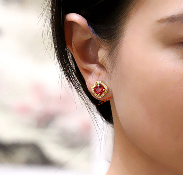 simulated ruby, emerald, sapphire, Stud Earrings 18K yellow Gold Plated 2ct princess cut halo square earrings