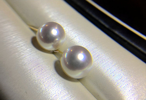 Lily Treacy Japanese Akoya Saltwater Pearl 18K Solid Yellow, White Or Rose Gold Stud Earrings 7.5-8mm Bridal June Birthstone