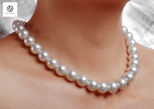 Lily Treacy 11-12mm Top Quality white Freshwater pearl necklace strand with 14K solid gold clasp 18″